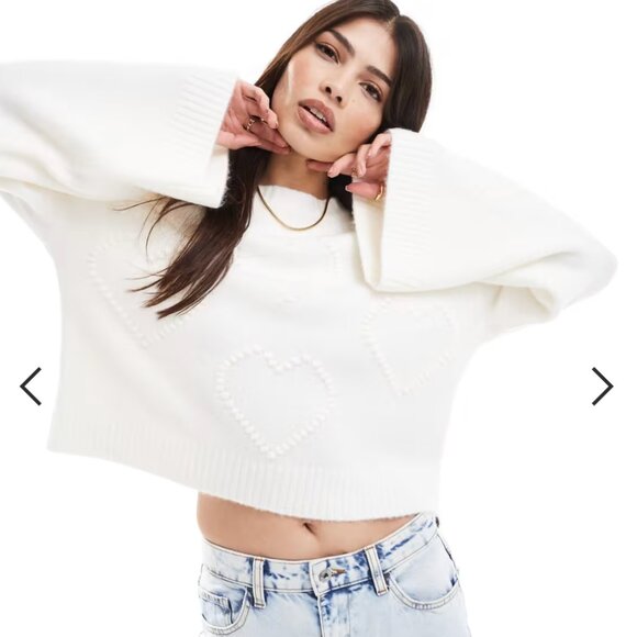 Miss Selfridge textured heart detail slash neck wide sleeve sweater in cream - Picture 1 of 3